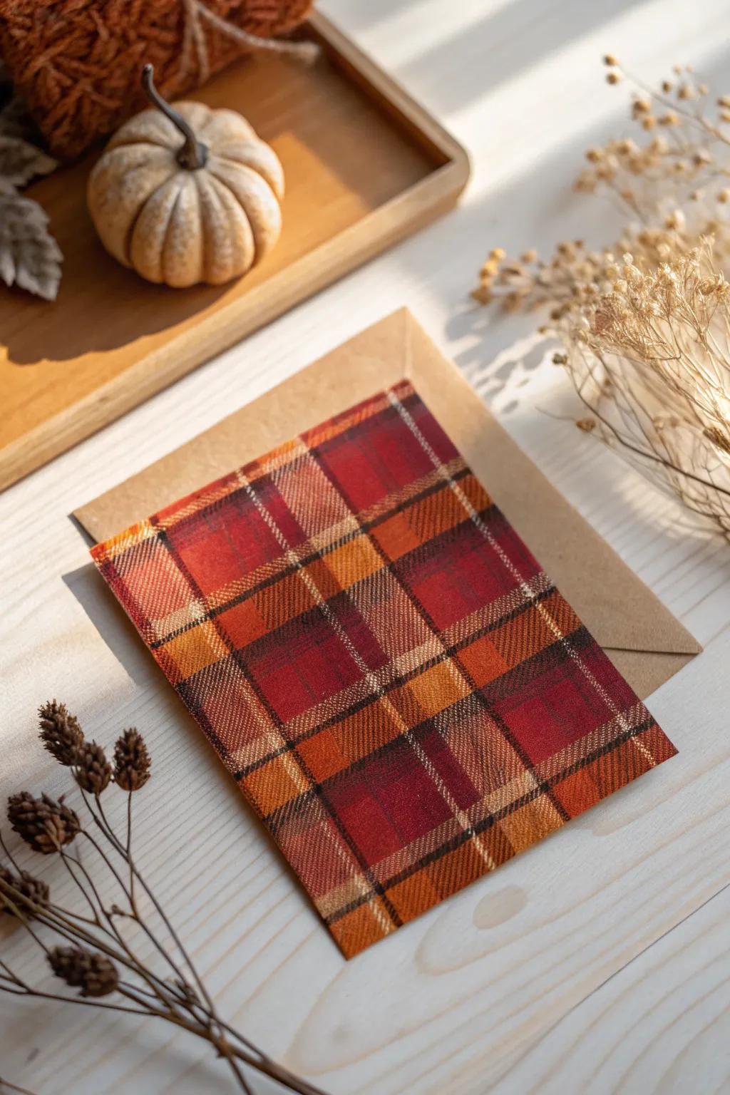 Embrace the warmth of autumn with a flannel-patterned card that captures the essence of fall's rustic beauty.