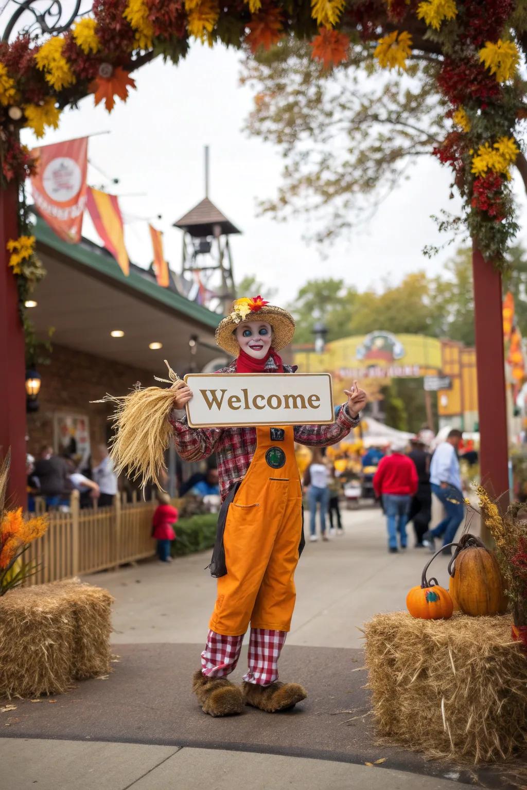 A cheerful scarecrow welcomes visitors to the fall festival.