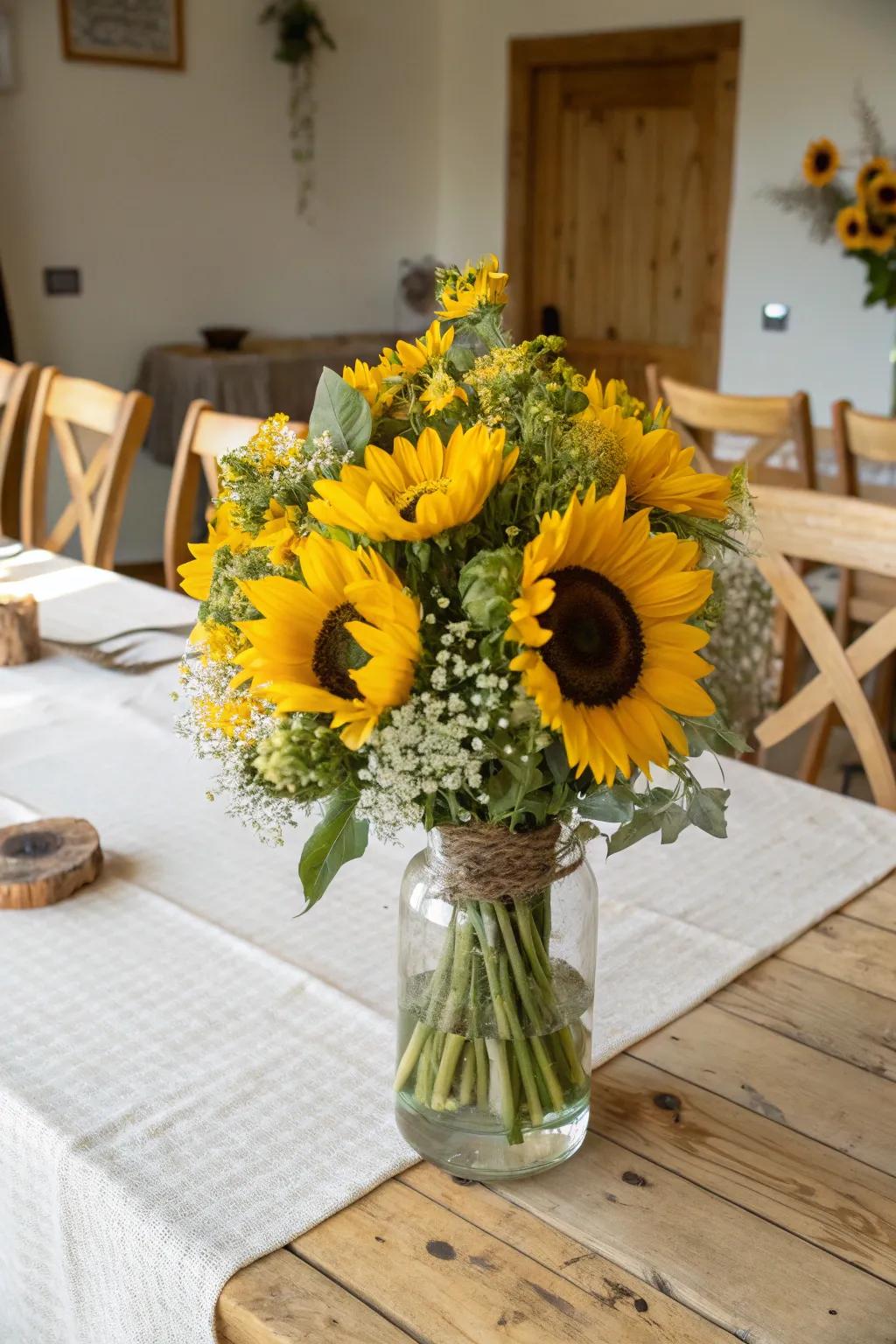 Sunflowers bring a burst of cheer to any farmhouse centerpiece.