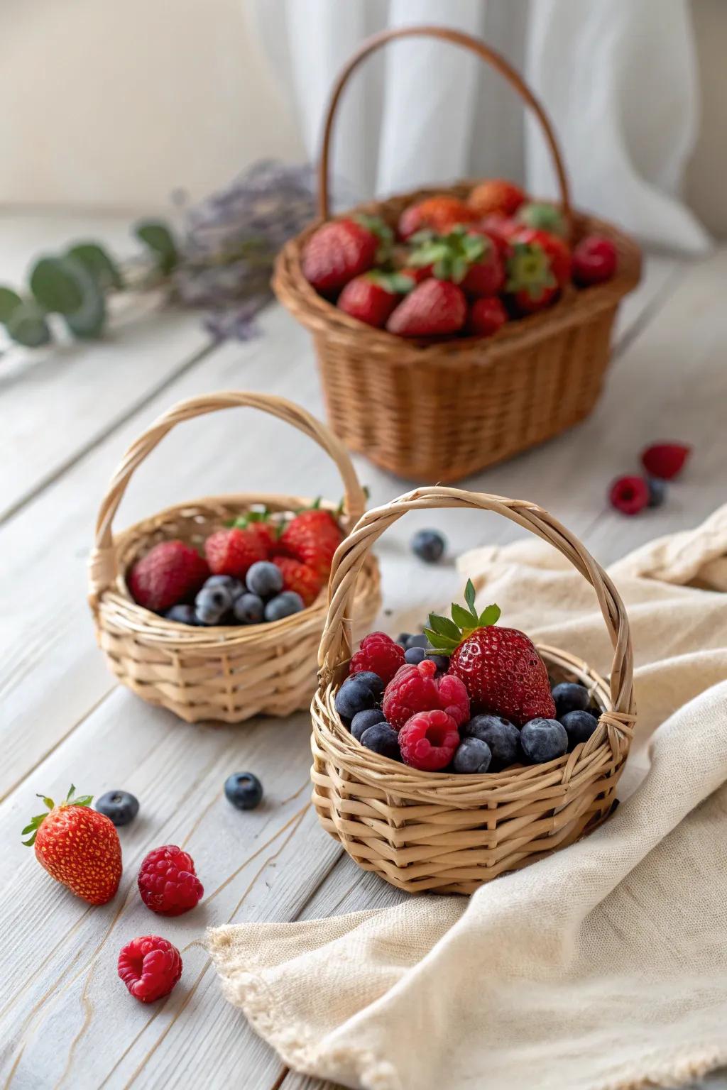 Embrace the essence of a farm harvest with this delightful berry basket display, adding a fresh pop of color to your table.