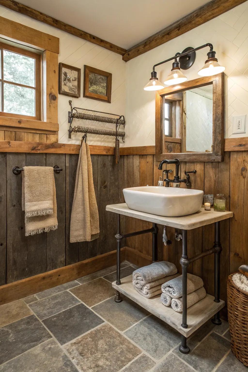 A farmhouse bathroom featuring industrial pipe fixtures and rustic decor elements.