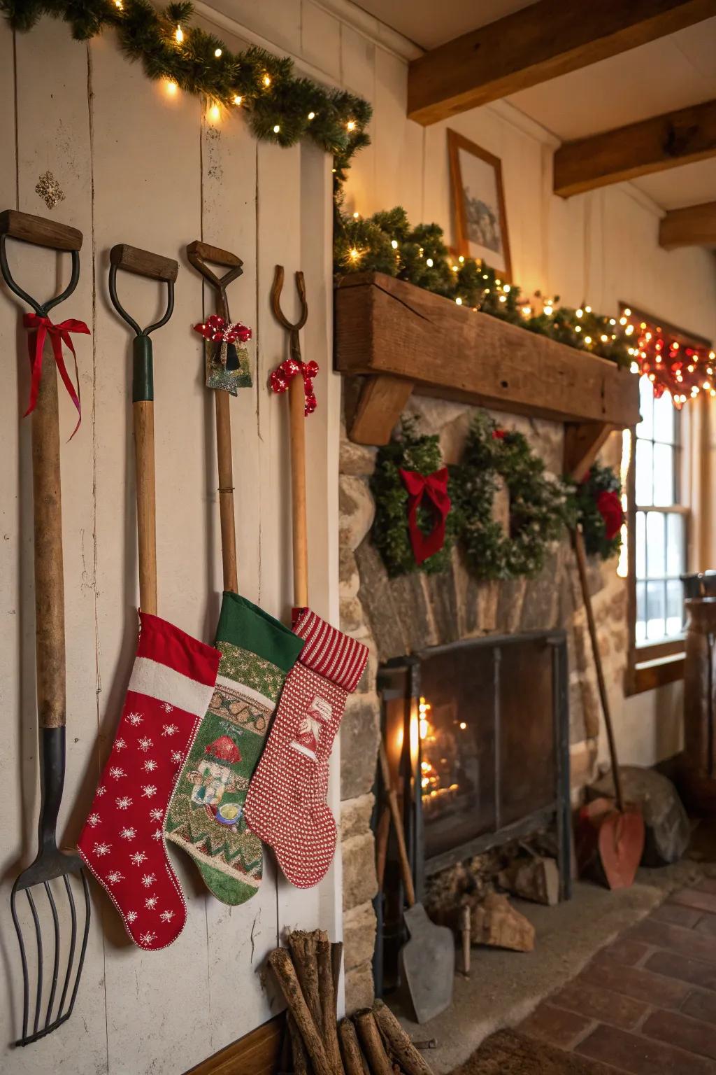 Repurposed farm tools used creatively in Christmas decor.