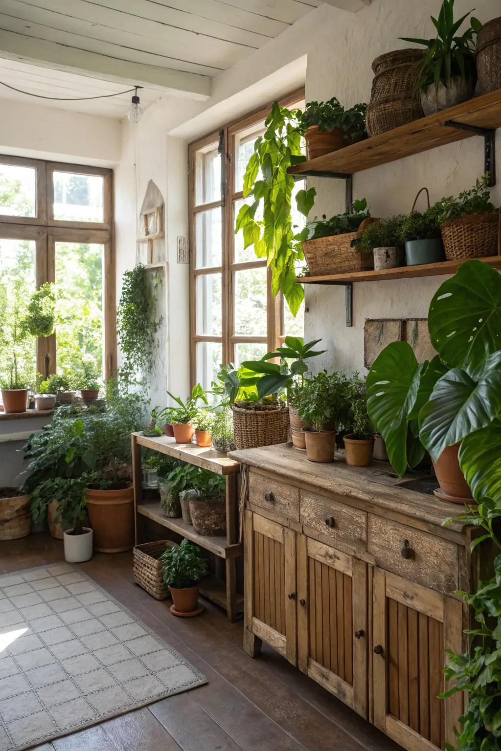 Greenery brings life and freshness to farmhouse interiors.