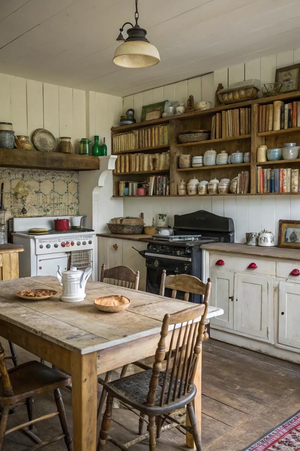 Farmhouse kitchen featuring distressed finish cabinets and vintage touches.