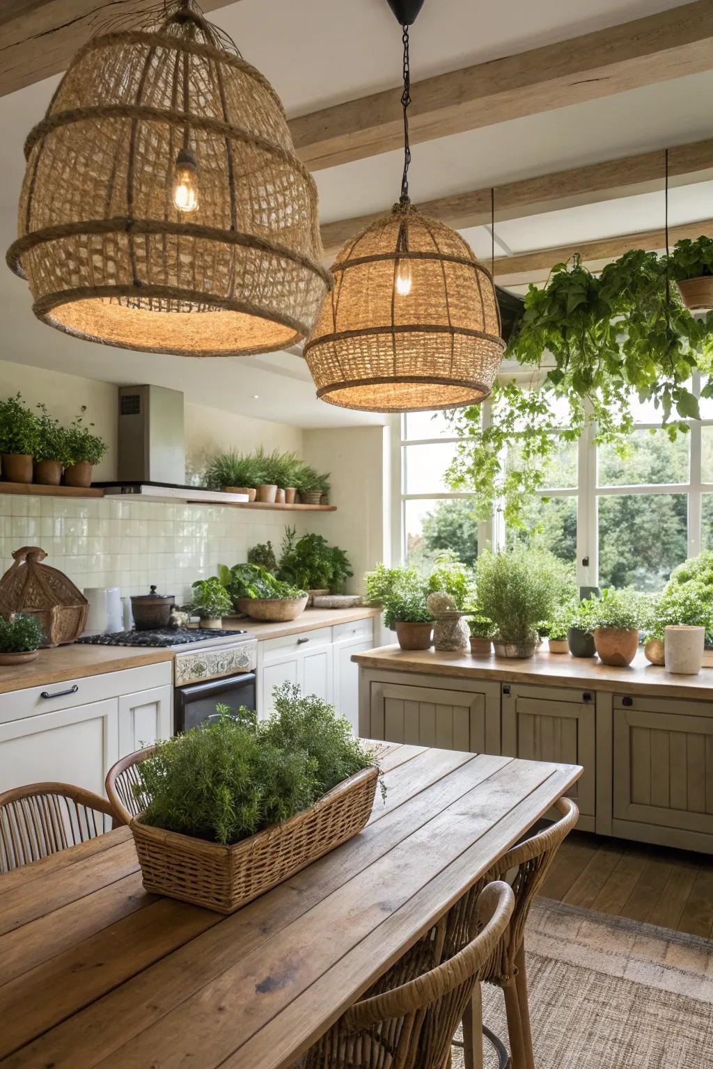 Oversized woven pendants create a stunning focal point in the kitchen.