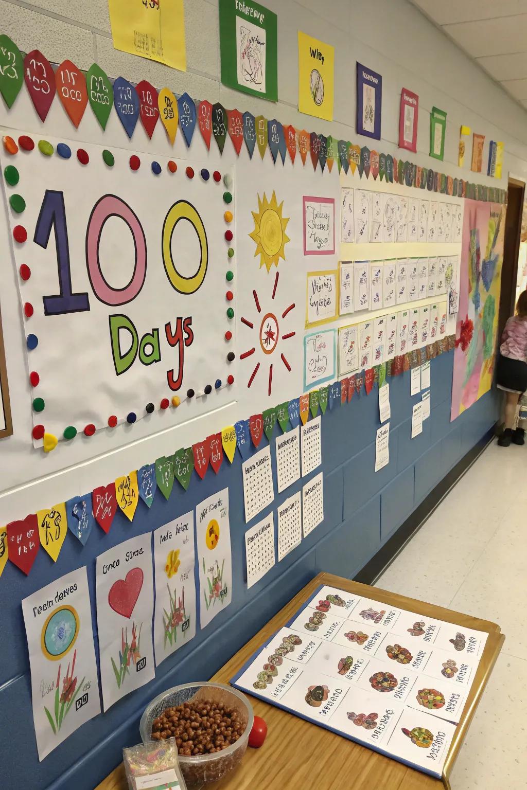 Celebrate the 100th day of school with a colorful and interactive bulletin board.