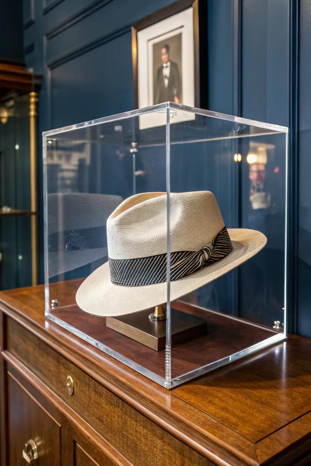 Elevate your style with a transparent display case that turns your fedora into a centerpiece of craftsmanship.