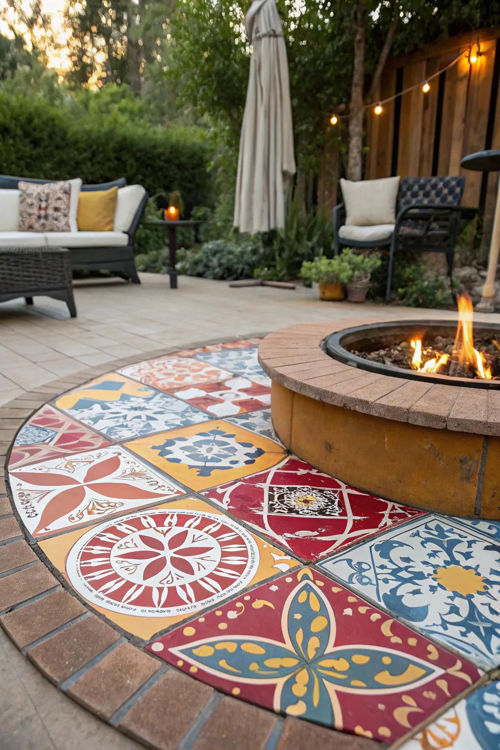 Patterned patio tiles bring a splash of personality to your fire pit area.