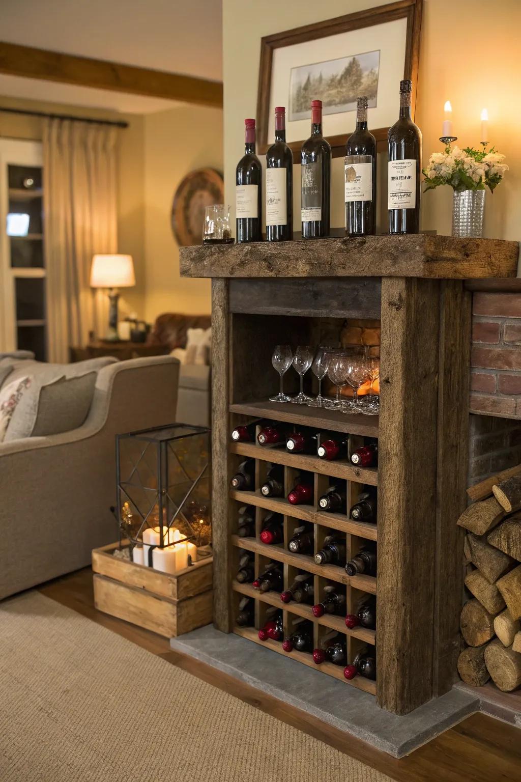 A stylish wine rack fits perfectly in an unused fireplace.