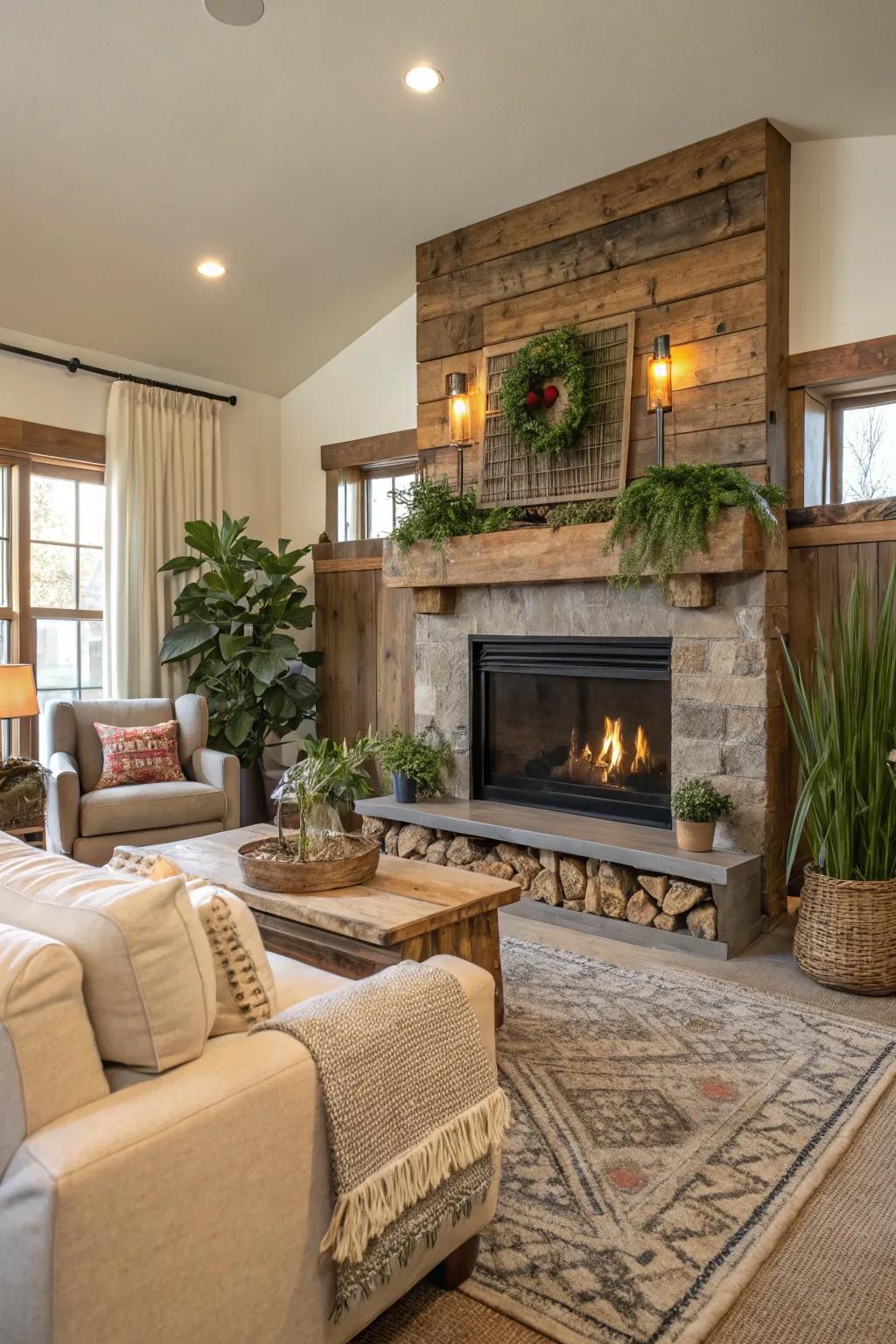 An eco-friendly fireplace design using reclaimed materials for a sustainable touch.