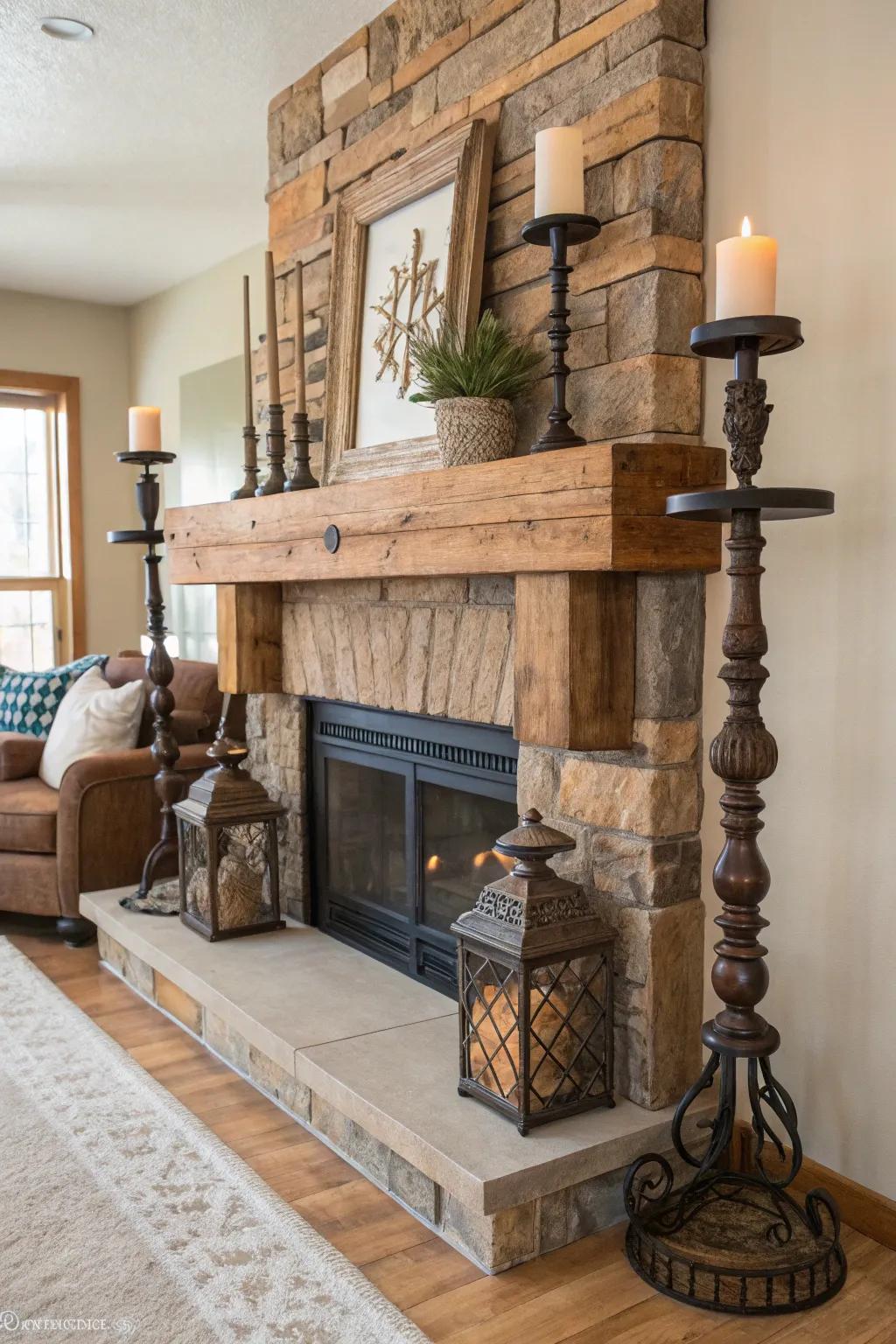 Reclaimed wood elements bring warmth and rustic charm to your mantel.