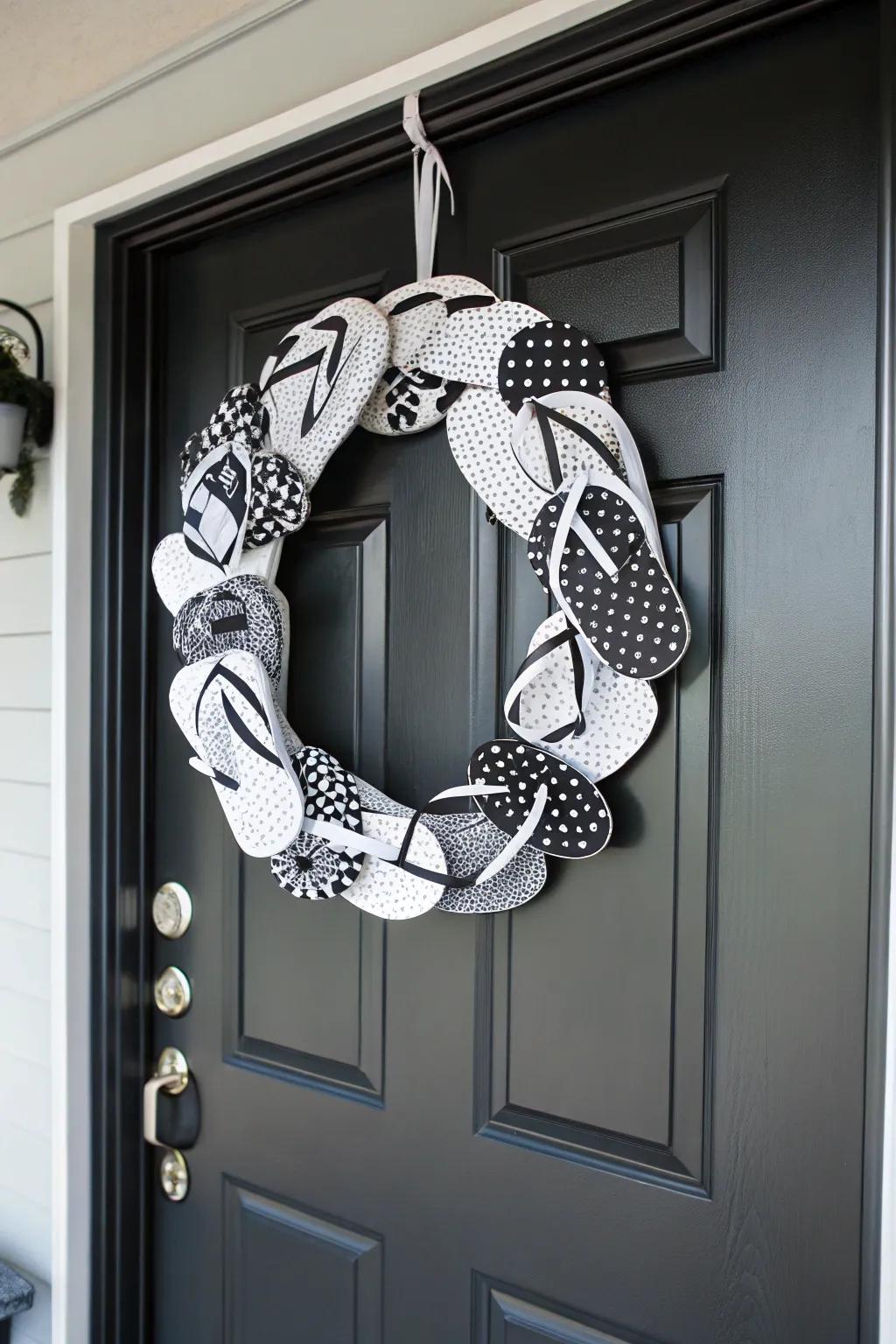 A monochrome chic flip flop wreath, perfect for a sleek, modern look.