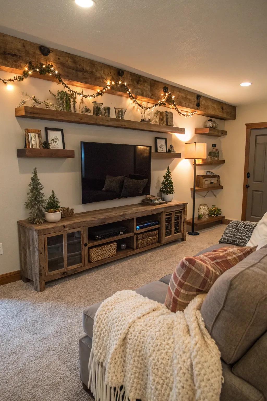 Reclaimed wood floating shelves bring rustic charm and history to the TV area.