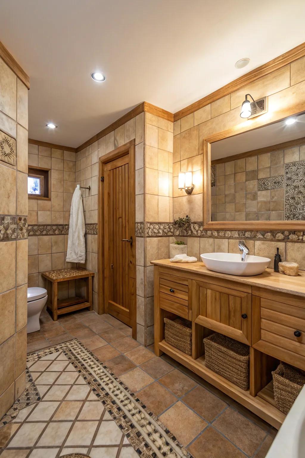 A warm and inviting bathroom with earth-toned tiles and natural wood accents.