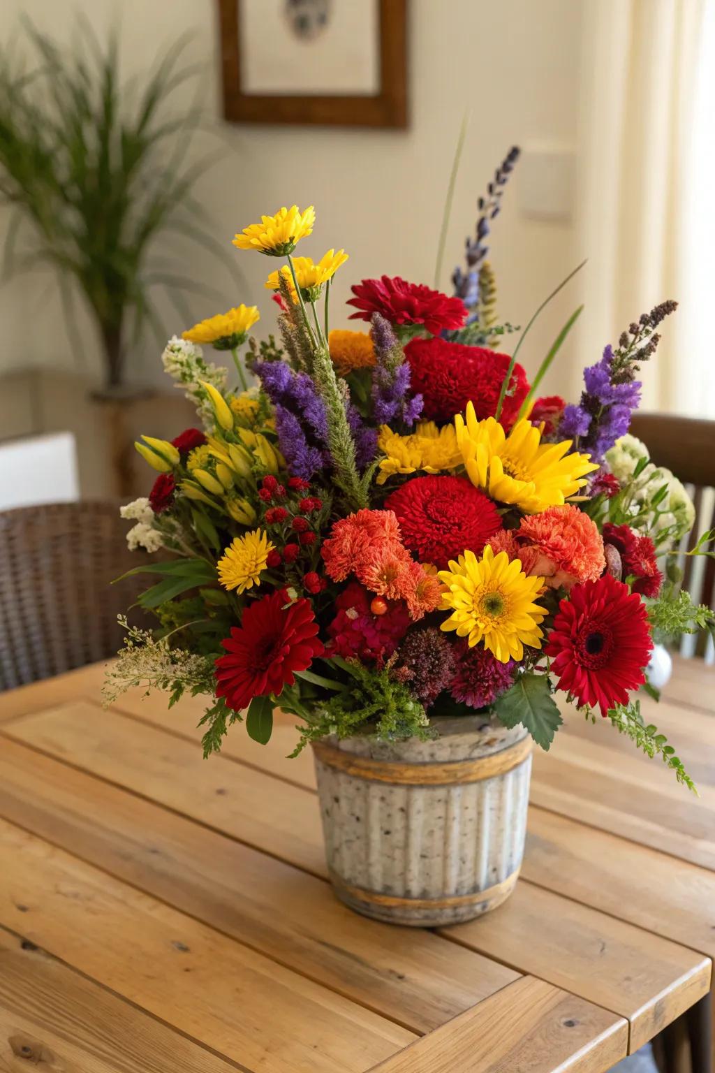 Bold and dramatic flower arrangement with vibrant hues.