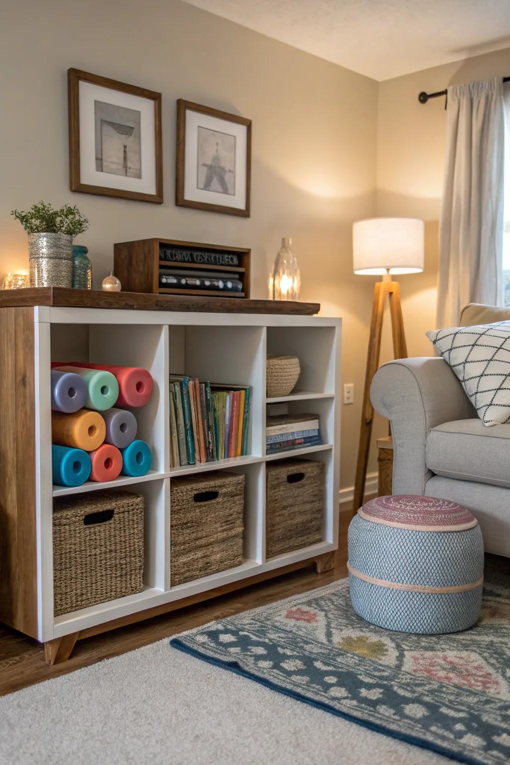 Cubby units offer versatile storage for foam rollers.