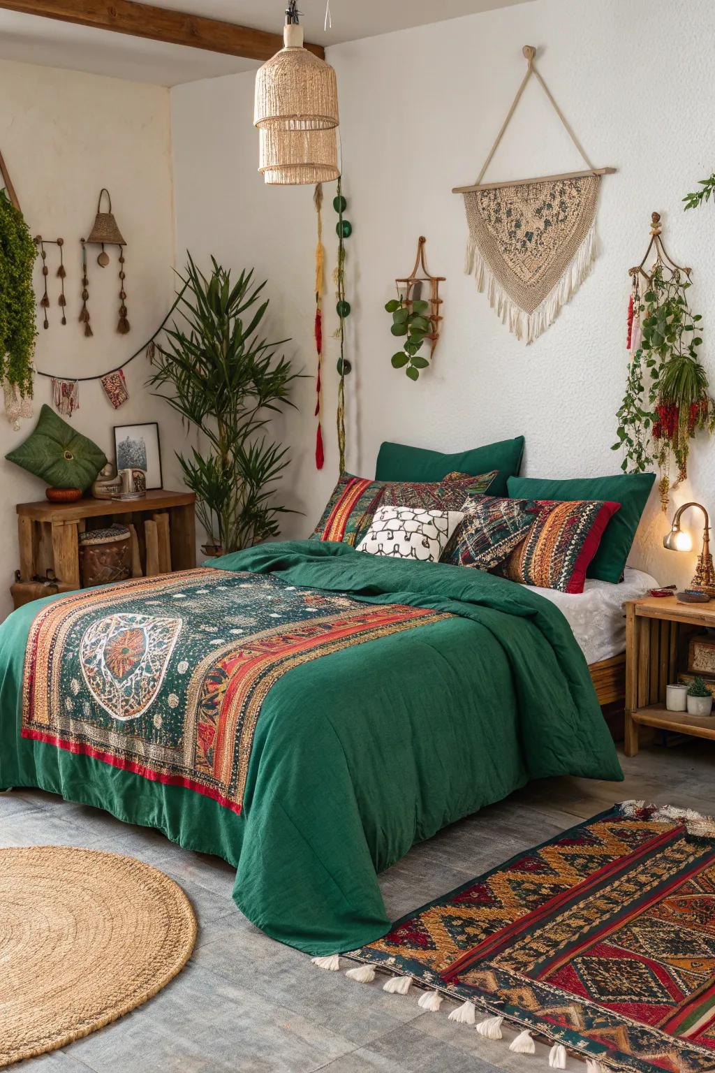 Eclectic textiles add a bohemian flair to forest green bedding.