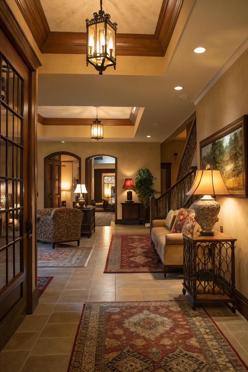 Dimmable lights create a relaxing, ambient glow in this inviting foyer.