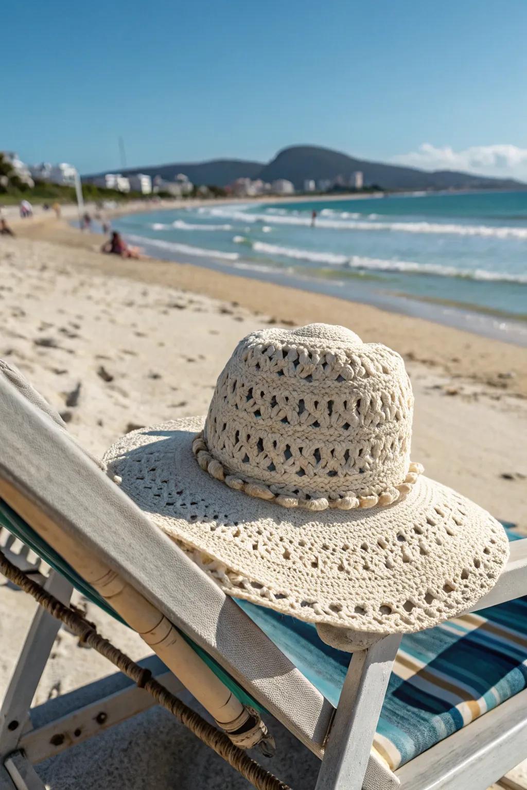 A crochet sun hat perfect for a day at the beach.