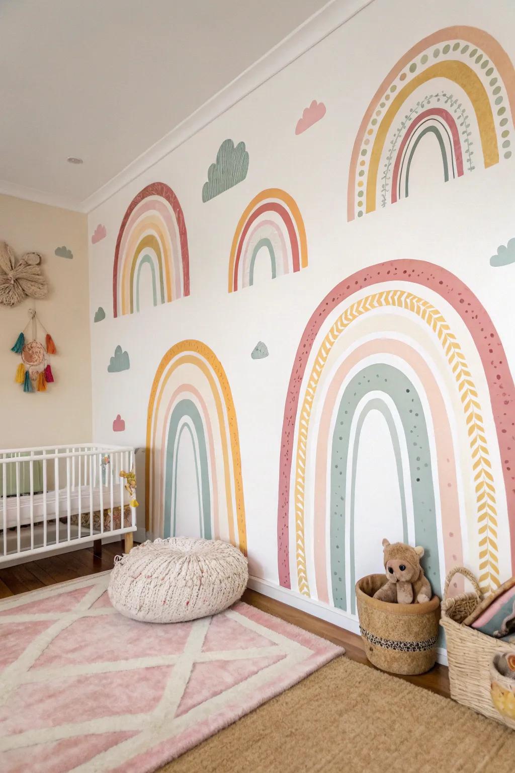 Vibrant rainbow arches bring joy to this nursery.