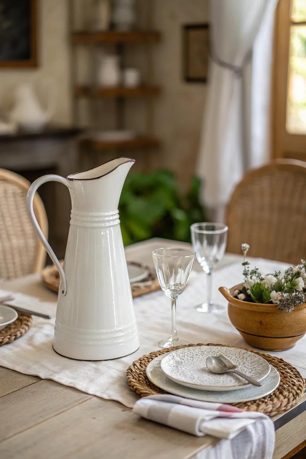 White enameled pitchers add a farmhouse charm to this elegant French table setting.