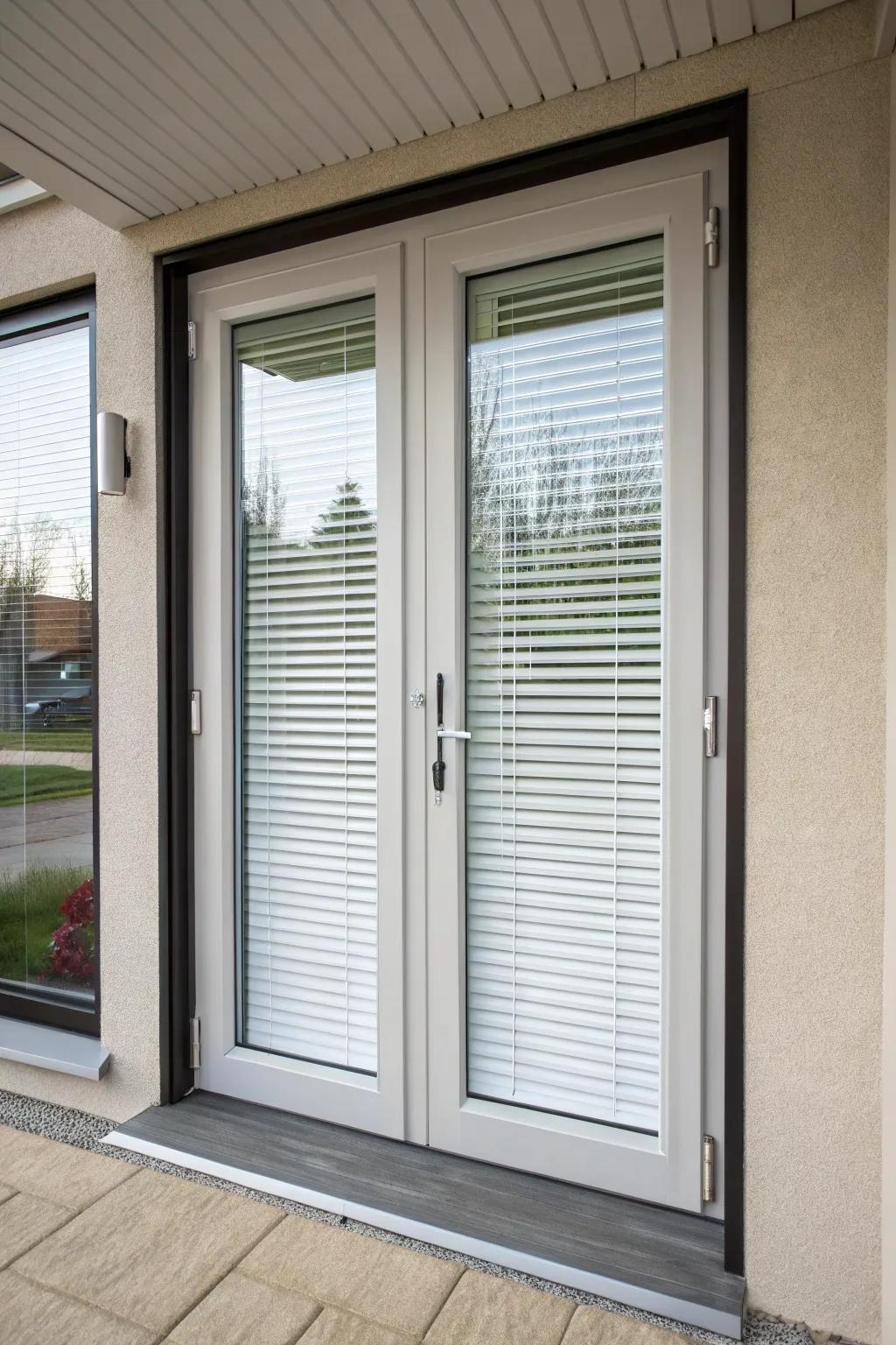 Contemporary vertical blinds complementing a large front door.