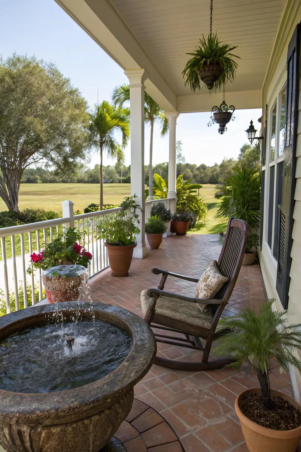 A water feature adds tranquility to this porch.