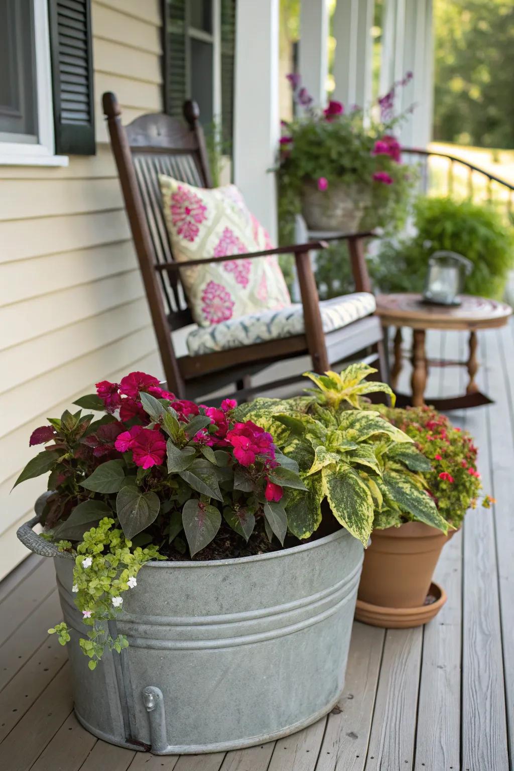 Rustic charm with a galvanized washtub planter.