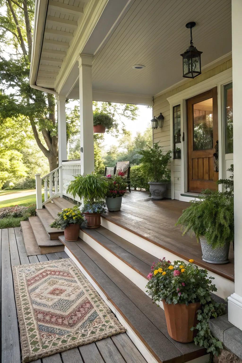 Wide steps create a welcoming and open entrance.