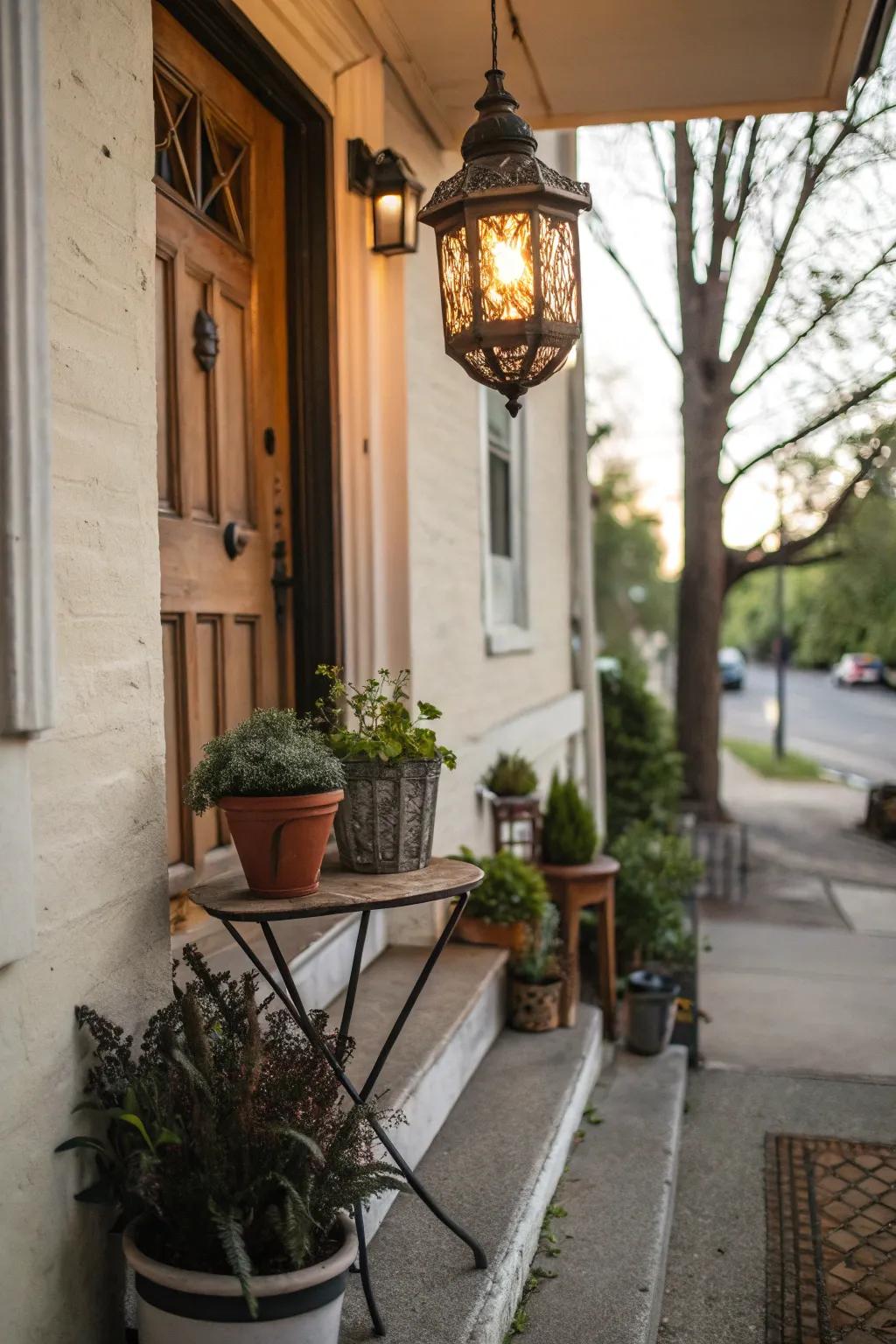 A vintage light fixture adds timeless charm to your front stoop.