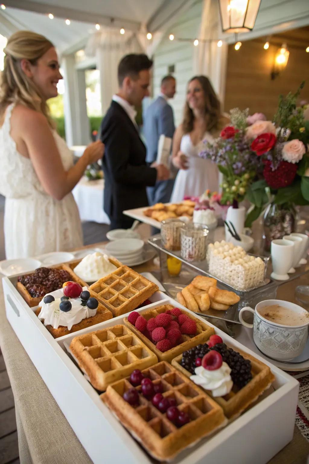 Guests savor tasty waffles from a charming stand.