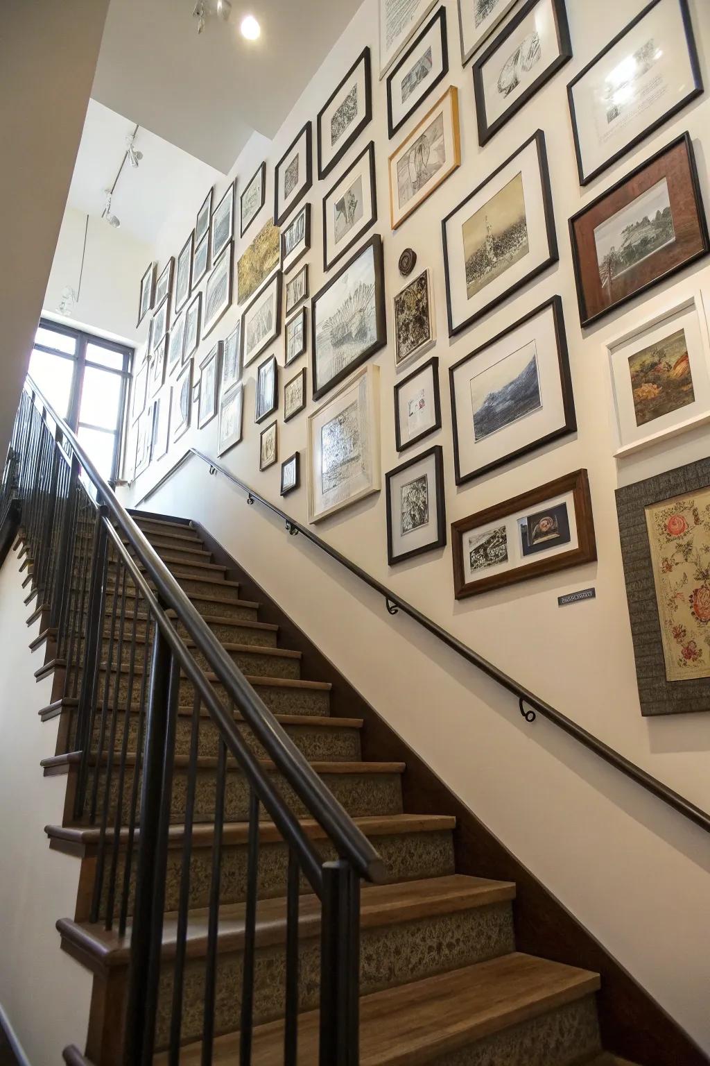 A staircase gallery wall with a vertical stretch layout to maximize height.