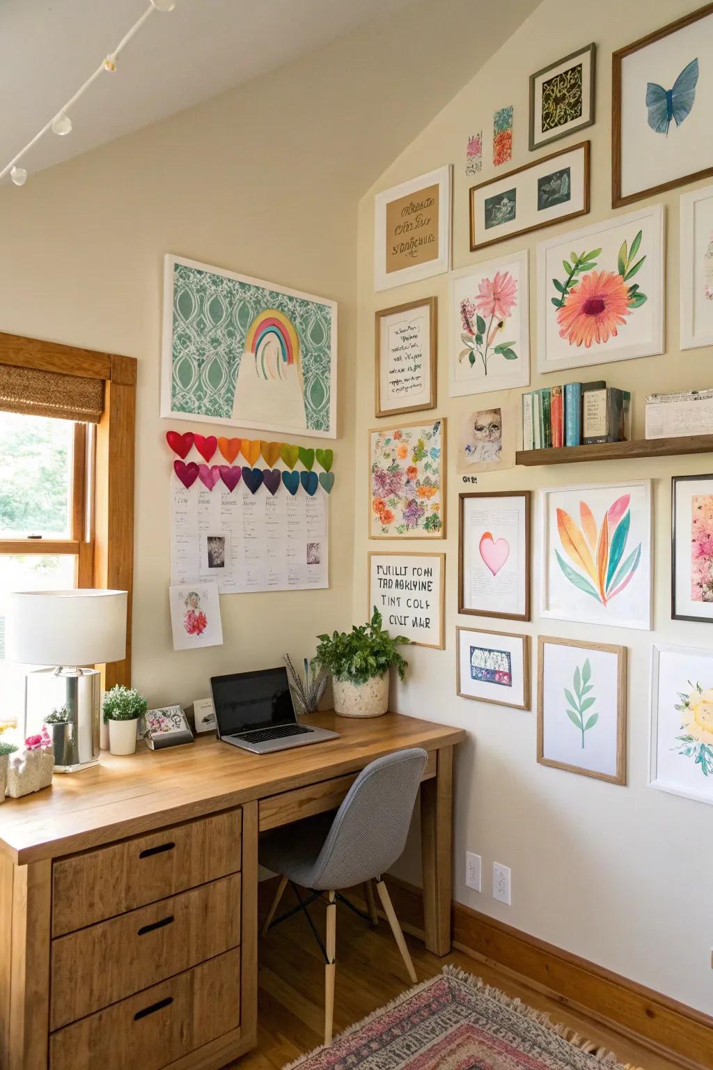 A gallery wall featuring DIY art adds a personal touch to this home office.