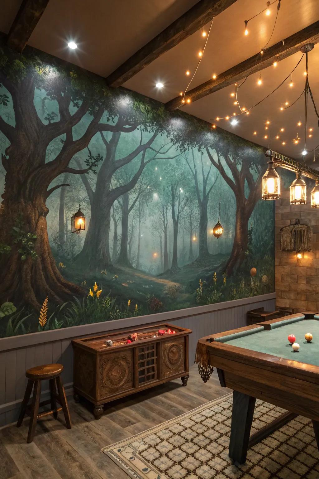 A mystical forest-themed game room mural for a touch of whimsy.