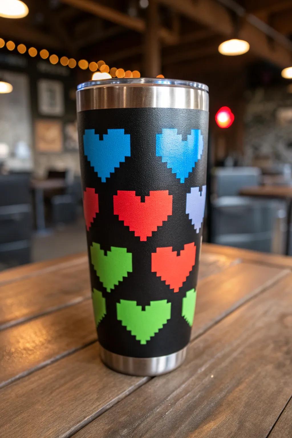 Add a pixel-perfect touch to your drinkware with this striking tumbler design!
