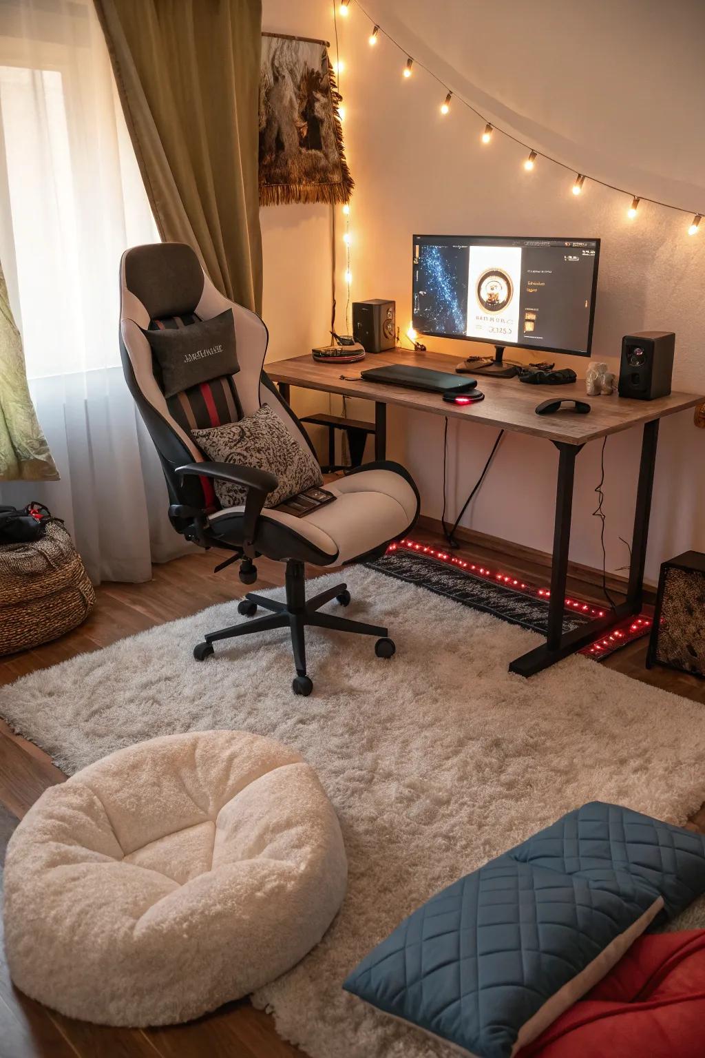 A cozy gaming setup that invites relaxation with soft textures and warm elements.