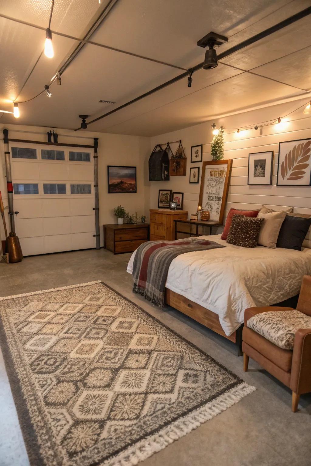 Area rugs add texture and warmth to a garage bedroom.