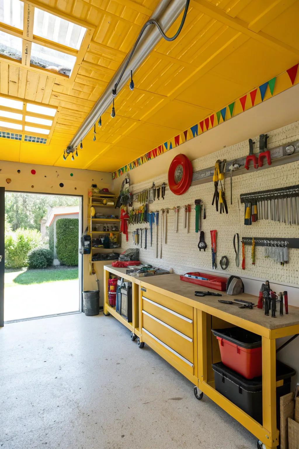 A sunny yellow ceiling brings cheerfulness to your garage.