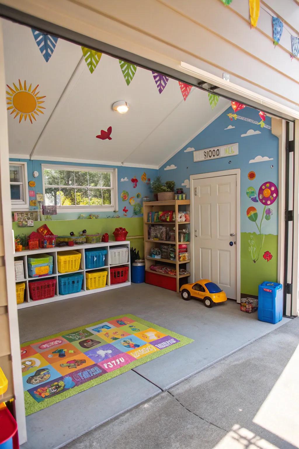 A vibrant children's playroom designed within a converted garage.