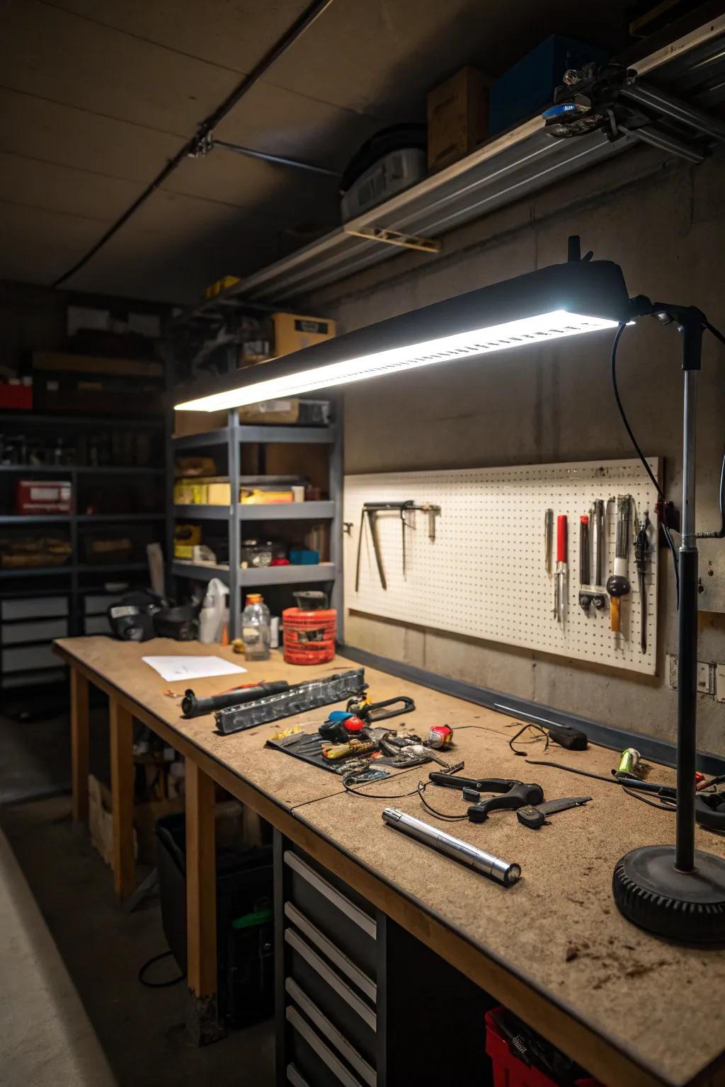 Linear lighting provides direct illumination for garage workspaces, ideal for detailed tasks.