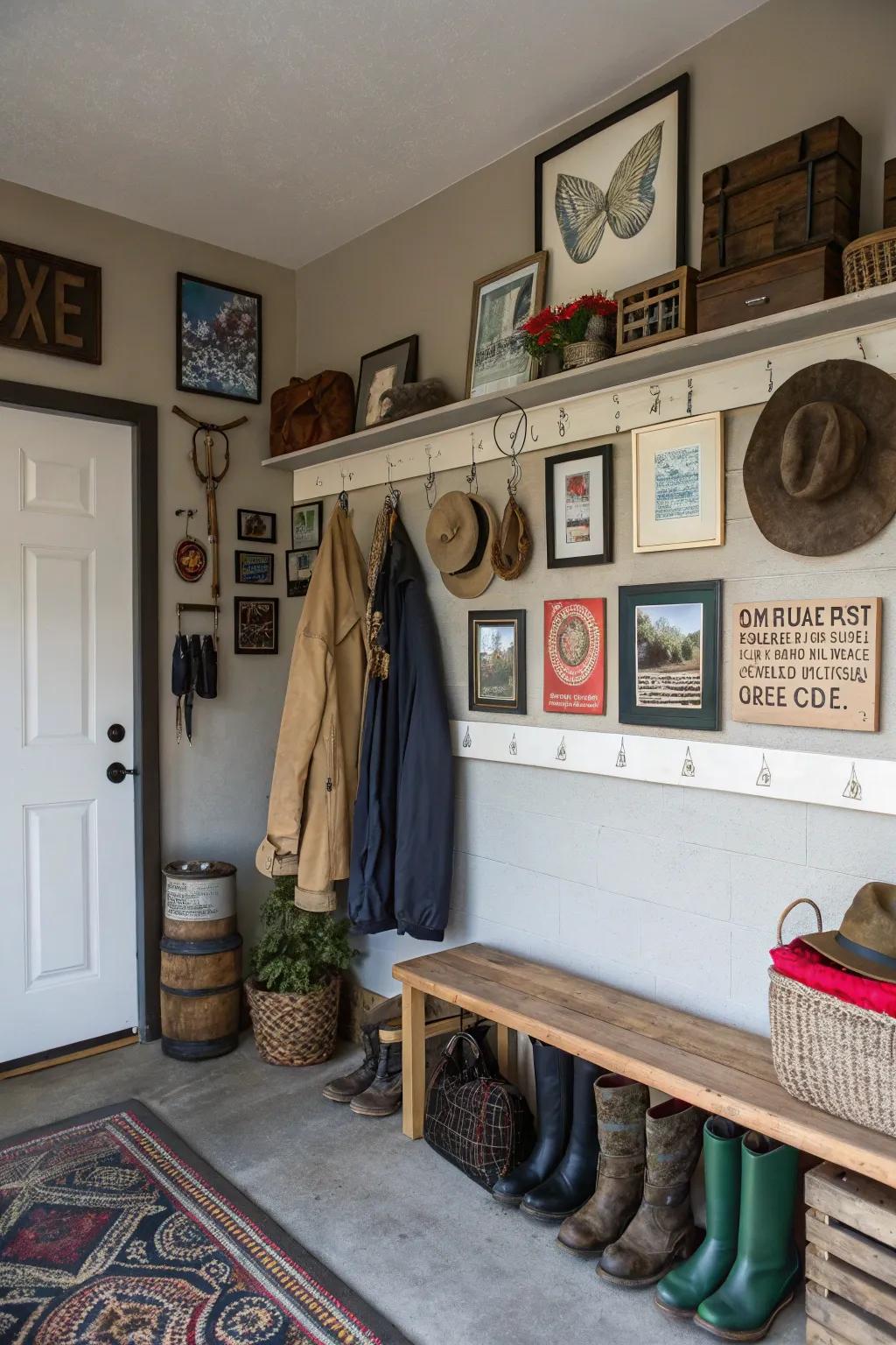 Wall art adds personality and warmth to a garage mudroom.