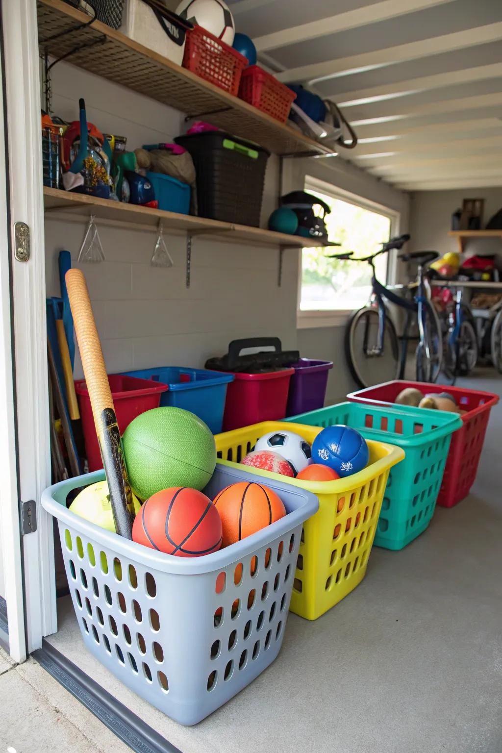 Laundry baskets provide an easy and affordable way to store bulkier toys.