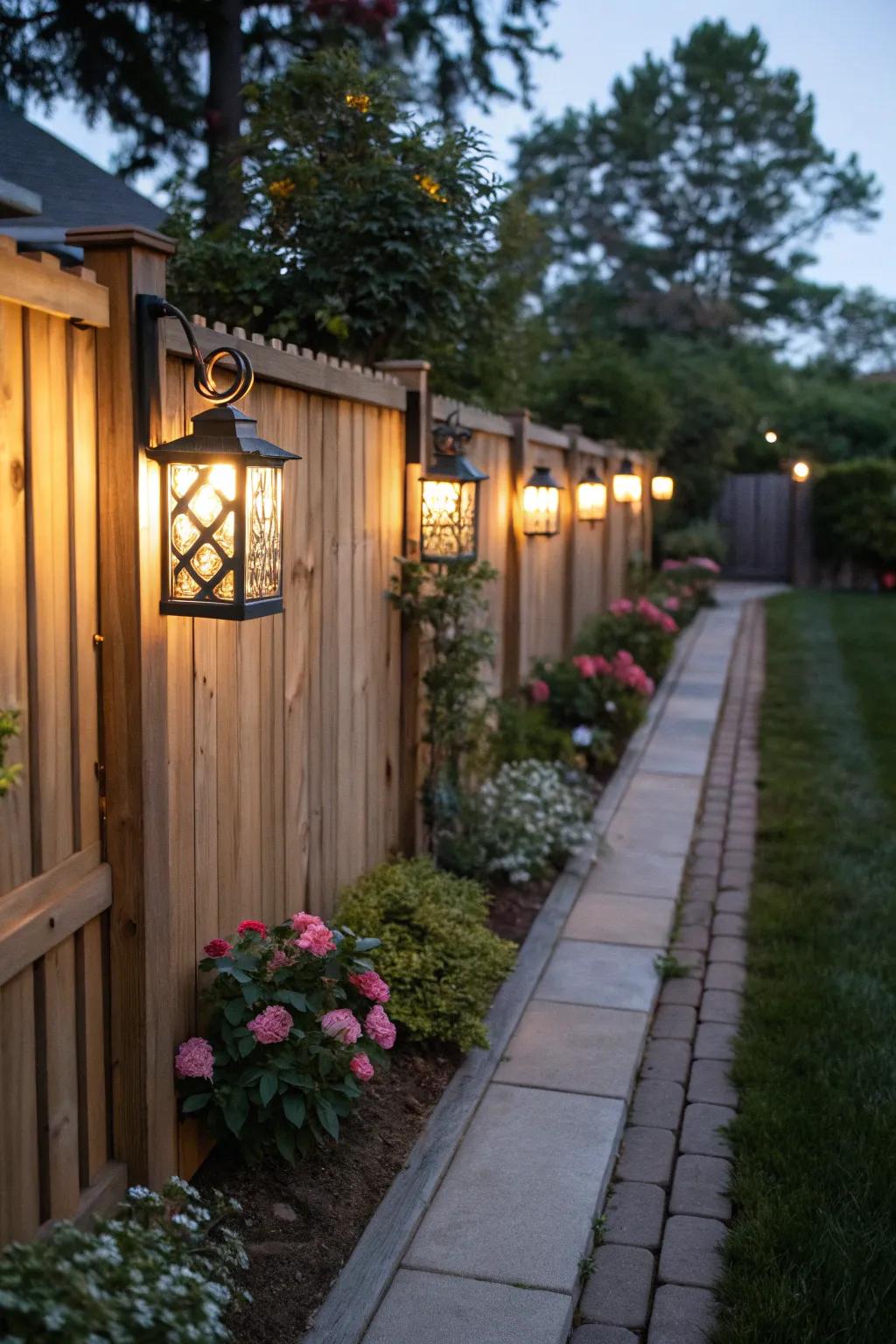 Sconce lights bring style and illumination to garden fences.