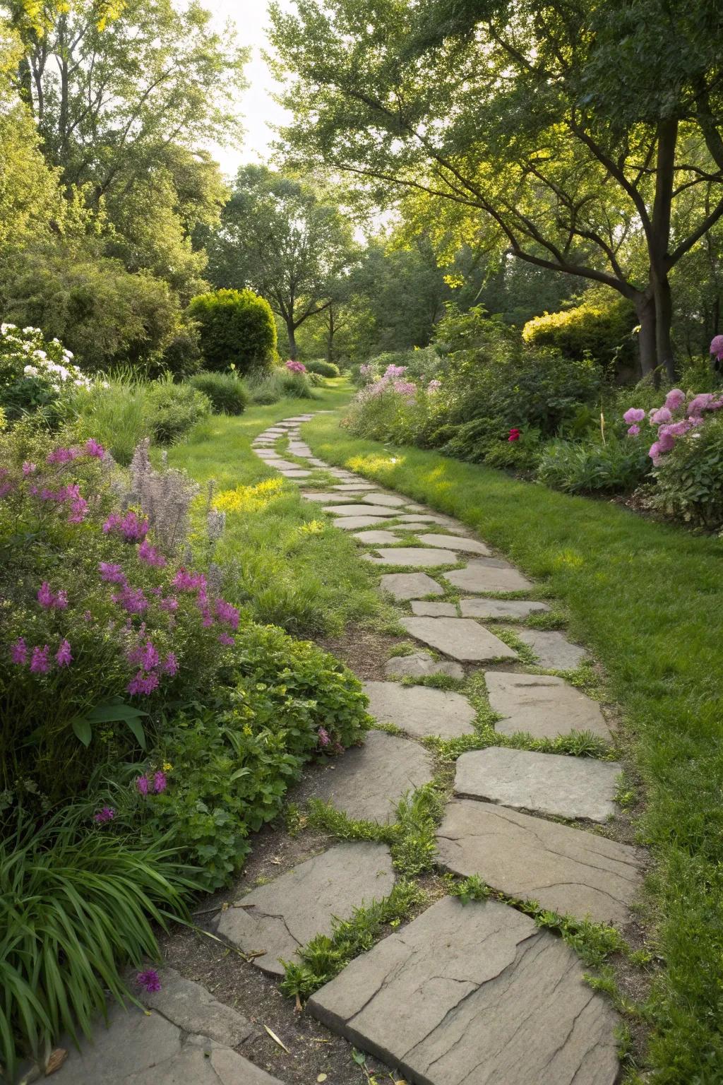 Inviting flagstone and grass path.