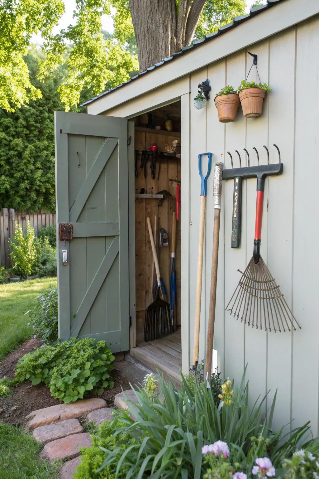 An old rake head can be creatively repurposed to hang small garden tools.