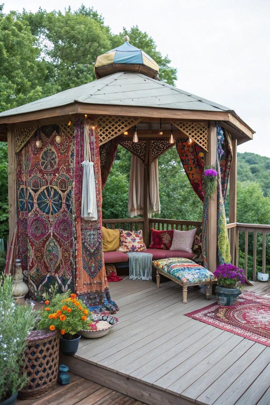 Embrace bohemian vibes with a colorful, eclectic gazebo.