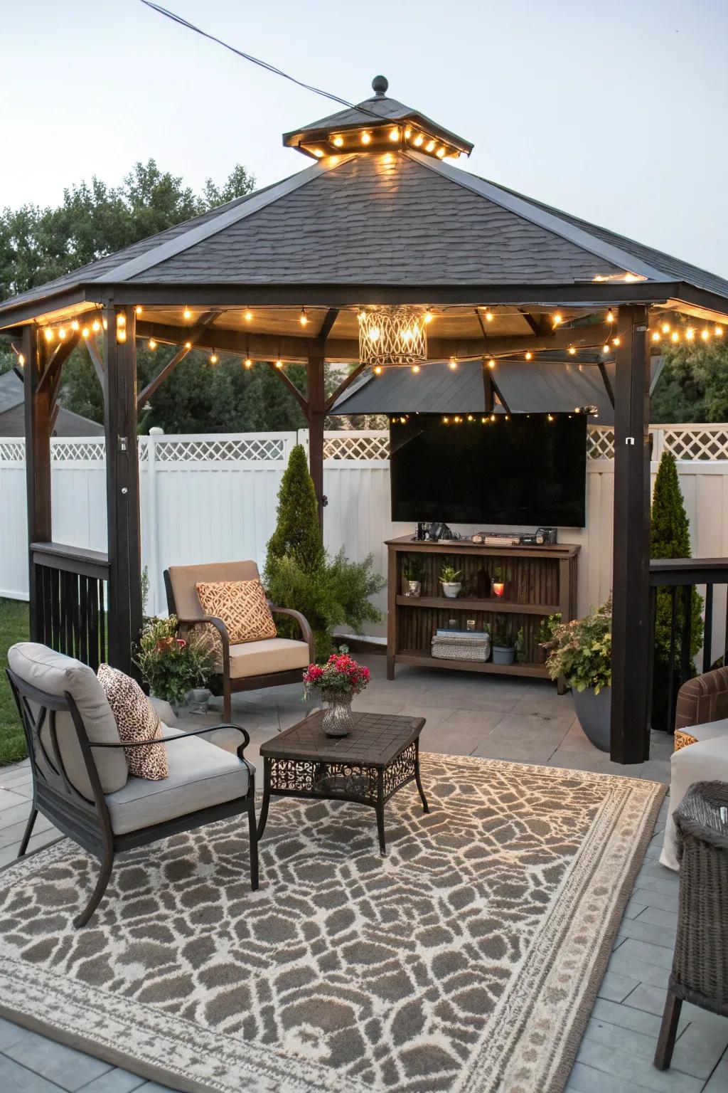 An outdoor rug completes your gazebo TV area with style and comfort.