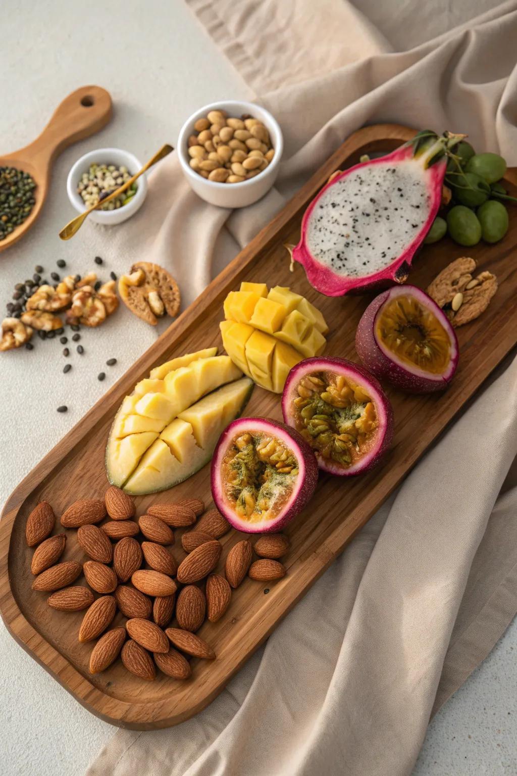 Delight the senses with a vibrant Exotic Fruit and Nut Board – a perfect blend of natural beauty and taste.