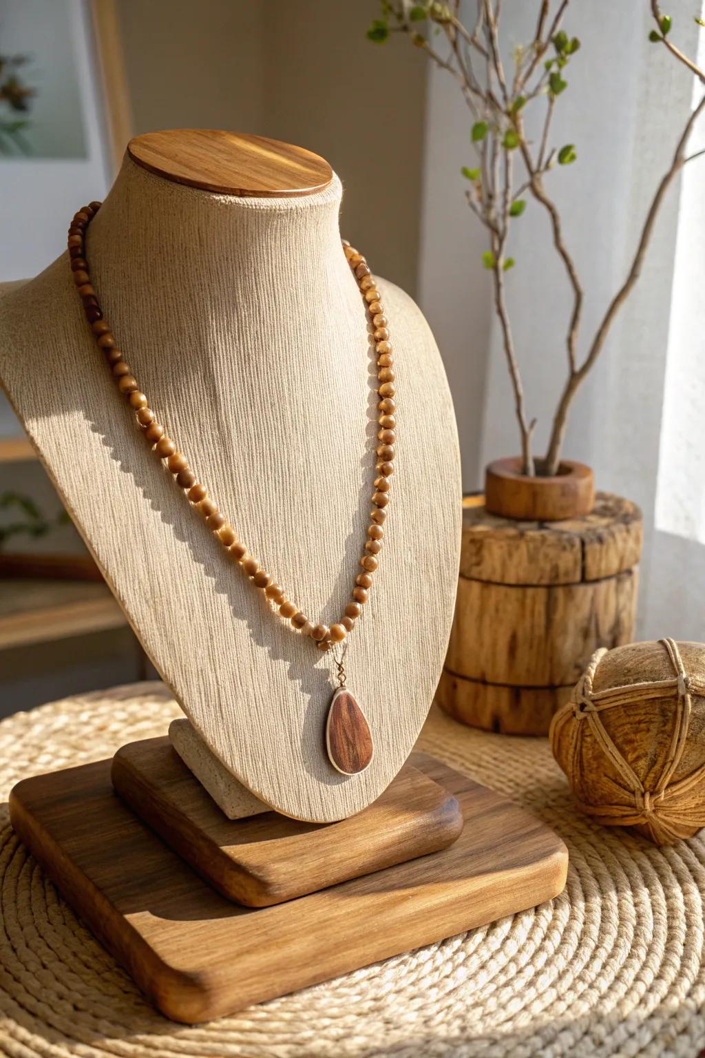 A wooden necklace that captures the elegance of nature's beauty.