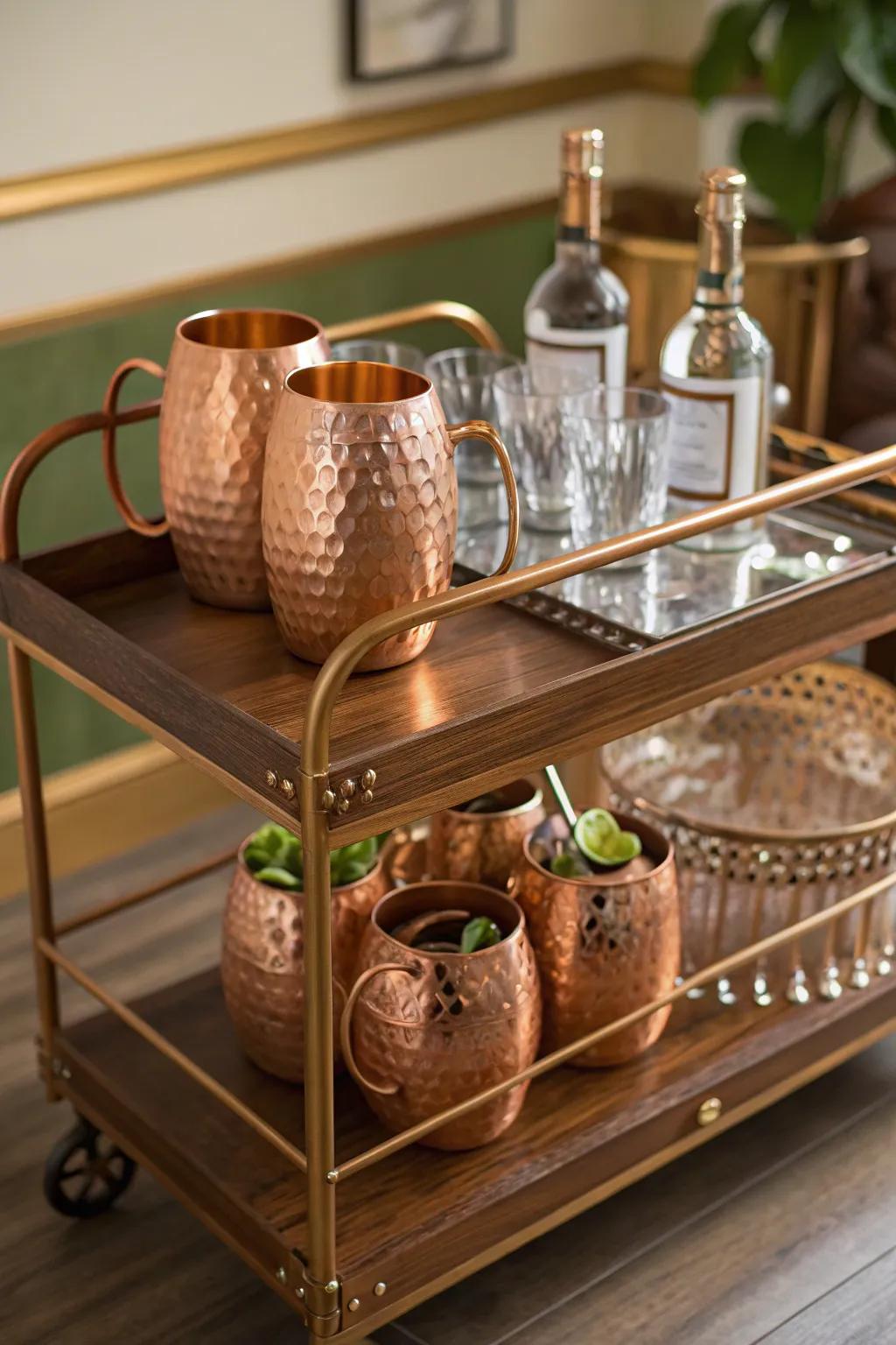 A copper mule set adds elegance to any home bar setup.